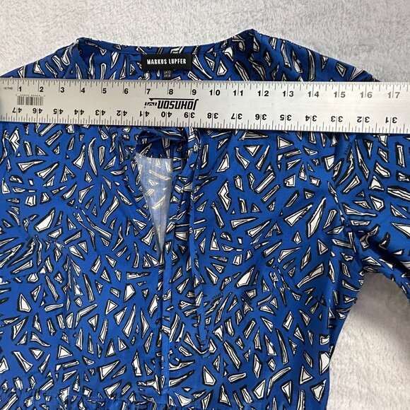 Markus Lupfer Womens Blue Geometric Print Short Sleeve Tiered Midi Dress Size 8 - Picture 8 of 12